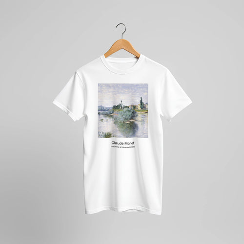 The Seine at Lavacourt (1880) by Claude Monet. Custom Print on a 100% Airlume Combed and Ring-Spun Cotton Unisex Crewneck T-shirt Original Aspect Ratio