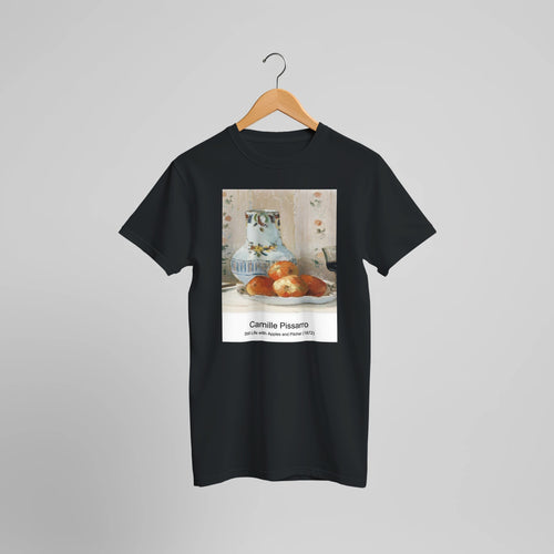 Still Life with Apples and Pitcher (1872) by Camille Pissarro. Custom Print on a 100% Airlume Combed and Ring-Spun Cotton Unisex Crewneck T-shirt Optimised Aspect Ratio.