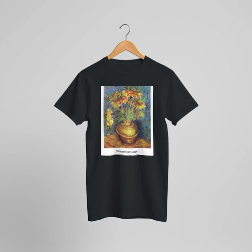 Vineyards at Auvers (1890) by Vincent van Gogh. Custom Print on a 100% Airlume Combed and Ring-Spun Cotton Unisex Crewneck T-shirt Optimised Aspect Ratio.