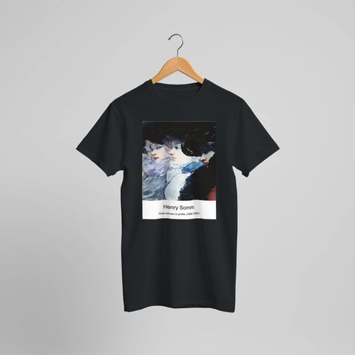 Three women in profile (1890-1900) by Henry Somm. Custom Print on a 100% Airlume Combed and Ring-Spun Cotton Unisex Crewneck T-shirt Optimised Aspect Ratio.