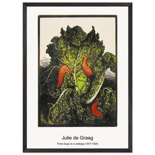 Three slugs on a cabbage (1877-1924) by Julie de Graag. Archival Print on Museum Quality Matte Paper. Premium Wood Framed Wall Art. Optimised Aspect Ratio.