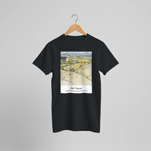 View from the dunes on Koog in Texel (1917) by Jan Toorop. Custom Print on a 100% Airlume Combed and Ring-Spun Cotton Unisex Crewneck T-shirt Optimised Aspect Ratio.