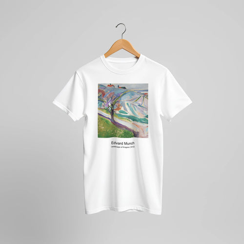 Landscape of Kragerø (1912) by Edvard Munch. Custom Print on a 100% Airlume Combed and Ring-Spun Cotton Unisex Crewneck T-shirt Original Aspect Ratio