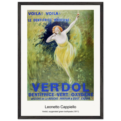 Verdol, oxygenated green toothpaste (1911) by Leonetto Cappiello. Archival Print on Museum Quality Matte Paper. Premium Wood Framed Wall Art. Original Aspect Ratio