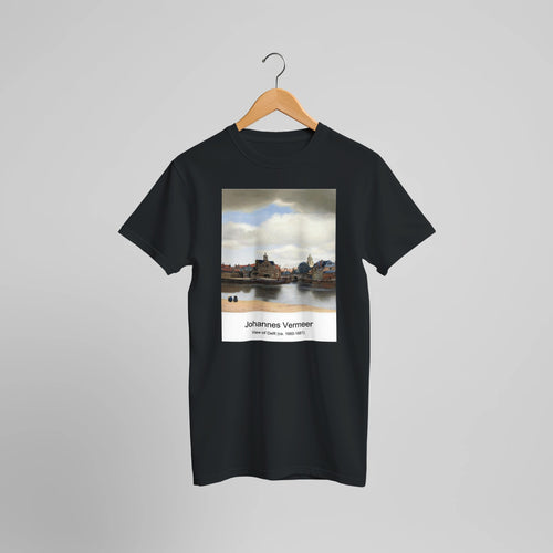 View of Delft (ca. 1660-1661) by Johannes Vermeer. Custom Print on a 100% Airlume Combed and Ring-Spun Cotton Unisex Crewneck T-shirt Optimised Aspect Ratio.