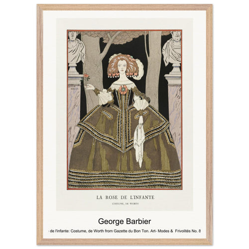La rose de l'infante: Costume, de Worth from Gazette du Bon Ton. Art- Modes & Frivolités No. 8 (1924) by George Barbier. Archival Print on Museum Quality Matte Paper. Premium Wood Framed Wall Art. Optimised Aspect Ratio.