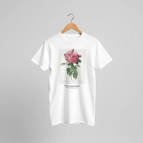 Blood-Red Bengal Rose, Rosa indica cruneta from Les Roses (1817-1824) by Pierre-Joseph Redouté. Custom Print on a 100% Airlume Combed and Ring-Spun Cotton Unisex Crewneck T-shirt Original Aspect Ratio