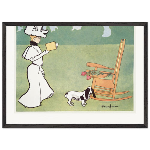 Woman reading in the garden (1890-1907) by Edward Penfield. Archival Print on Museum Quality Matte Paper. Premium Wood Framed Wall Art. Original Aspect Ratio
