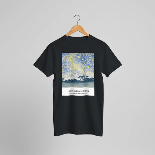 Landscape with Stars (1905-1908) by Henri-Edmond Cross. Custom Print on a 100% Airlume Combed and Ring-Spun Cotton Unisex Crewneck T-shirt Optimised Aspect Ratio.