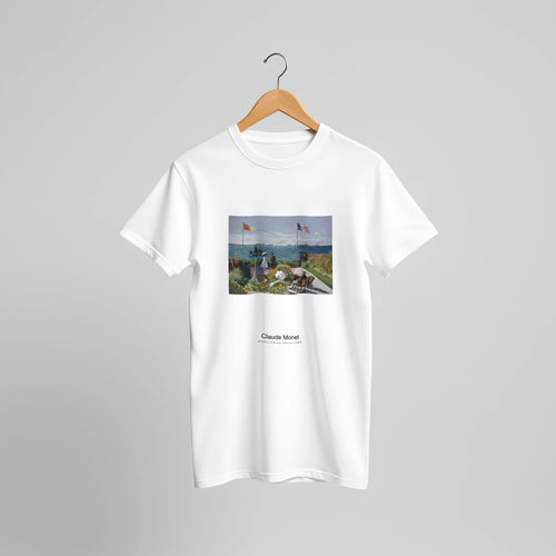 Garden at Sainte-Adresse (1867) by Claude Monet. Custom Print on a 100% Airlume Combed and Ring-Spun Cotton Unisex Crewneck T-shirt Original Aspect Ratio
