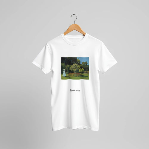 Lady in the garden (1867) by Claude Monet. Custom Print on a 100% Airlume Combed and Ring-Spun Cotton Unisex Crewneck T-shirt Original Aspect Ratio
