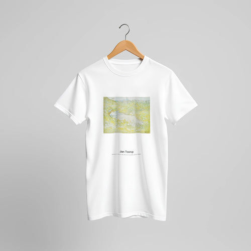 Woman Lying in the Dunes near Noordwijk (1902) by Jan Toorop. Custom Print on a 100% Airlume Combed and Ring-Spun Cotton Unisex Crewneck T-shirt Original Aspect Ratio