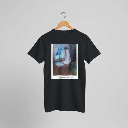 The Girl by the Window (1893) by Edvard Munch. Custom Print on a 100% Airlume Combed and Ring-Spun Cotton Unisex Crewneck T-shirt Optimised Aspect Ratio.