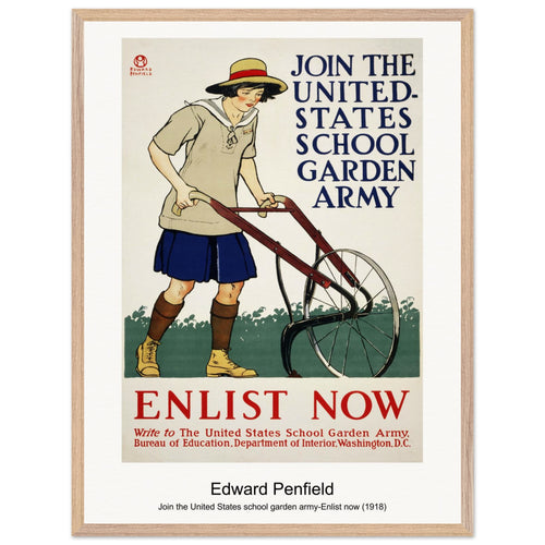 Join the United States school garden army-Enlist now (1918) by Edward Penfield. Archival Print on Museum Quality Matte Paper. Premium Wood Framed Wall Art. Optimised Aspect Ratio.