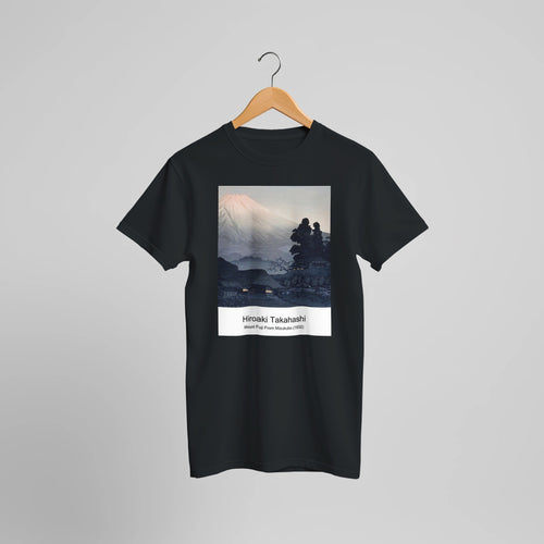 Mount Fuji From Mizukubo (1932) by Hiroaki Takahashi. Custom Print on a 100% Airlume Combed and Ring-Spun Cotton Unisex Crewneck T-shirt Optimised Aspect Ratio.