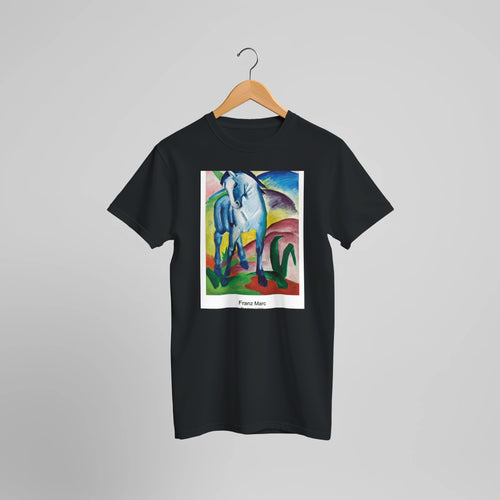 Blue Horse I (1911) by Franz Marc. Custom Print on a 100% Airlume Combed and Ring-Spun Cotton Unisex Crewneck T-shirt Optimised Aspect Ratio.