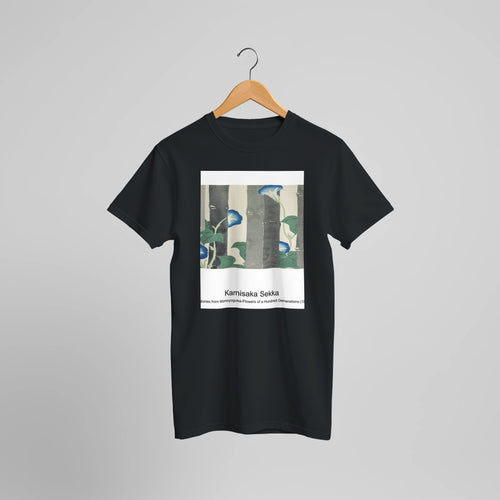 Morning glories from Momoyogusa-Flowers of a Hundred Generations (1890-1900) by Kamisaka Sekka. Custom Print on a 100% Airlume Combed and Ring-Spun Cotton Unisex Crewneck T-shirt Optimised Aspect Ratio.