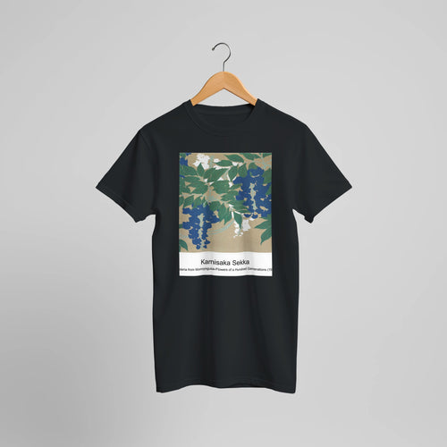Wisteria from Momoyogusa-Flowers of a Hundred Generations (1909) by Kamisaka Sekka. Custom Print on a 100% Airlume Combed and Ring-Spun Cotton Unisex Crewneck T-shirt Optimised Aspect Ratio.