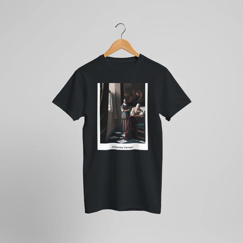 Lady Writing a Letter with her Maid (1670-1671) by Johannes Vermeer. Custom Print on a 100% Airlume Combed and Ring-Spun Cotton Unisex Crewneck T-shirt Optimised Aspect Ratio.
