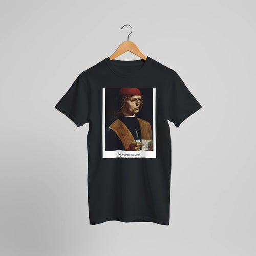 The Portrait of a Musician (1483-1487) by Leonardo da Vinci. Custom Print on a 100% Airlume Combed and Ring-Spun Cotton Unisex Crewneck T-shirt Optimised Aspect Ratio.