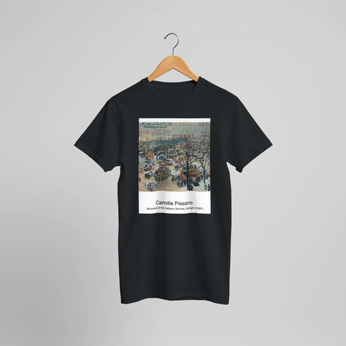 Boulevard of the Italians, Morning, Sunlight (1897) by Camille Pissarro. Custom Print on a 100% Airlume Combed and Ring-Spun Cotton Unisex Crewneck T-shirt Optimised Aspect Ratio.