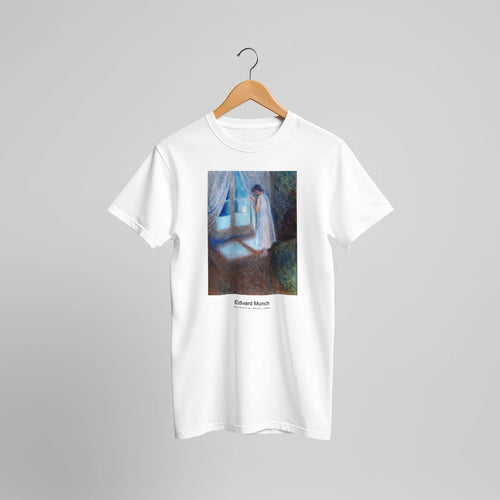 The Girl by the Window (1893) by Edvard Munch. Custom Print on a 100% Airlume Combed and Ring-Spun Cotton Unisex Crewneck T-shirt Original Aspect Ratio