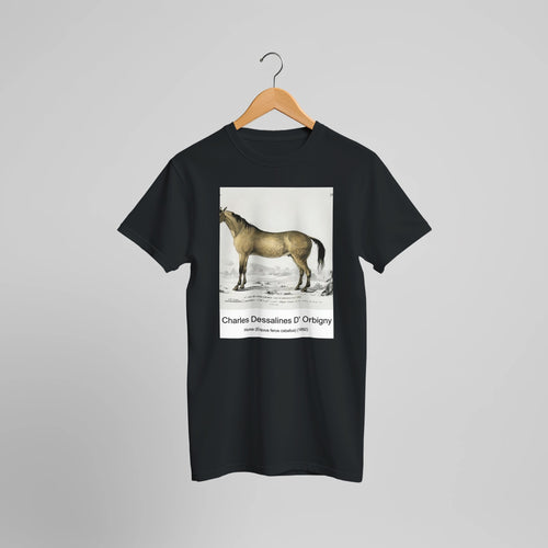 Horse (Equus ferus caballus) (1892) by Charles Dessalines D' Orbigny. Custom Print on a 100% Airlume Combed and Ring-Spun Cotton Unisex Crewneck T-shirt Optimised Aspect Ratio.