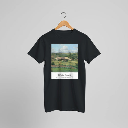 Landscape at Les Pâtis, Pontoise (1868) by Camille Pissarro. Custom Print on a 100% Airlume Combed and Ring-Spun Cotton Unisex Crewneck T-shirt Optimised Aspect Ratio.