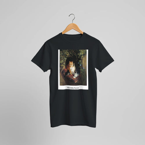 Cat with Kittens (1844) by Henriëtte Ronner. Custom Print on a 100% Airlume Combed and Ring-Spun Cotton Unisex Crewneck T-shirt Optimised Aspect Ratio.