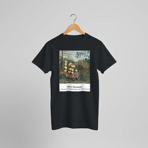 In a Tropical Forest. Struggle between Tiger and Bull (1908-1909) by Henri Rousseau. Custom Print on a 100% Airlume Combed and Ring-Spun Cotton Unisex Crewneck T-shirt Optimised Aspect Ratio.