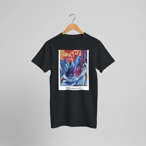 Winter Landscape in Moonlight (1919) by Ernst Ludwig Kirchner. Custom Print on a 100% Airlume Combed and Ring-Spun Cotton Unisex Crewneck T-shirt Optimised Aspect Ratio.