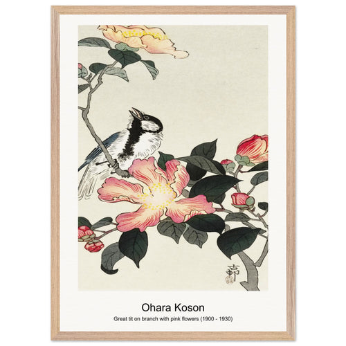 Great tit on branch with pink flowers (1900 - 1930) by Ohara Koson. Archival Print on Museum Quality Matte Paper. Premium Wood Framed Wall Art. Optimised Aspect Ratio.