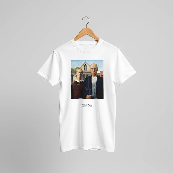 American Gothic (1930) by Grant Wood. Custom Print on a 100% Airlume Combed and Ring-Spun Cotton Unisex Crewneck T-shirt Original Aspect Ratio