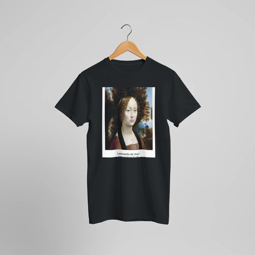 Ginevra de' Benci (ca. 1474-1478) by Leonardo da Vinci. Custom Print on a 100% Airlume Combed and Ring-Spun Cotton Unisex Crewneck T-shirt Optimised Aspect Ratio.