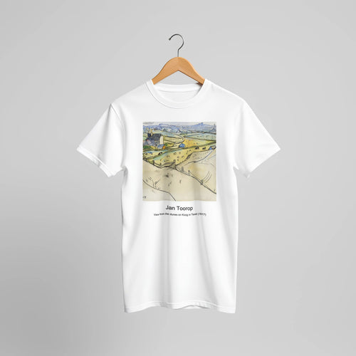 View from the dunes on Koog in Texel (1917) by Jan Toorop. Custom Print on a 100% Airlume Combed and Ring-Spun Cotton Unisex Crewneck T-shirt Original Aspect Ratio