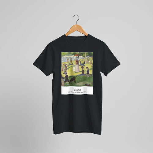A Sunday on La Grande Jatte (1884) by Georges Seurat. Custom Print on a 100% Airlume Combed and Ring-Spun Cotton Unisex Crewneck T-shirt Optimised Aspect Ratio.