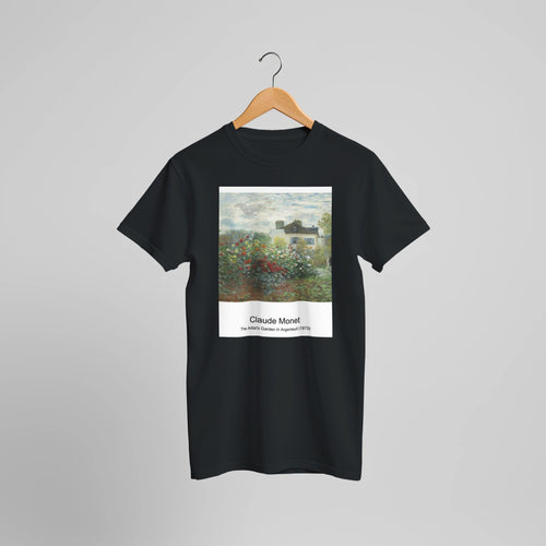 The Artist's Garden in Argenteuil (1873) by Claude Monet. Custom Print on a 100% Airlume Combed and Ring-Spun Cotton Unisex Crewneck T-shirt Optimised Aspect Ratio.