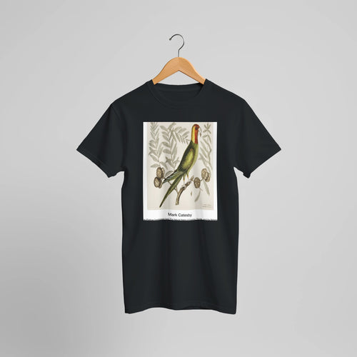 Parrot of Carolina (Psitticus Caroliniensis) from The Natural History of Carolina, Florida, and the Bahama Islands (1754) by Mark Catesby. Custom Print on a 100% Airlume Combed and Ring-Spun Cotton Unisex Crewneck T-shirt Optimised Aspect Ratio.