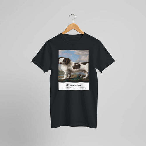 Brown and White Norfolk or Water Spaniel (1778) by George Stubbs. Custom Print on a 100% Airlume Combed and Ring-Spun Cotton Unisex Crewneck T-shirt Optimised Aspect Ratio.