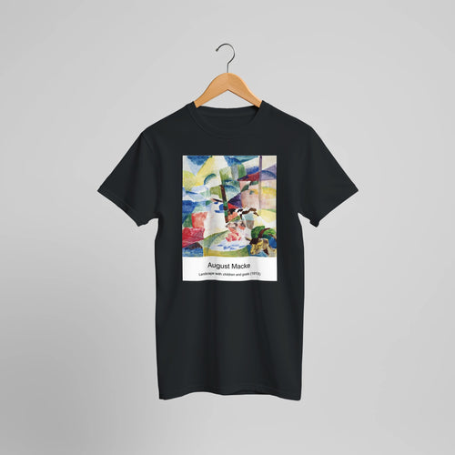 Landscape with children and goats (1913) by August Macke. Custom Print on a 100% Airlume Combed and Ring-Spun Cotton Unisex Crewneck T-shirt Optimised Aspect Ratio.