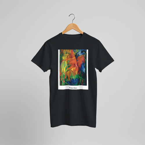 Animals in a Landscape (1914) by Franz Marc. Custom Print on a 100% Airlume Combed and Ring-Spun Cotton Unisex Crewneck T-shirt Optimised Aspect Ratio.