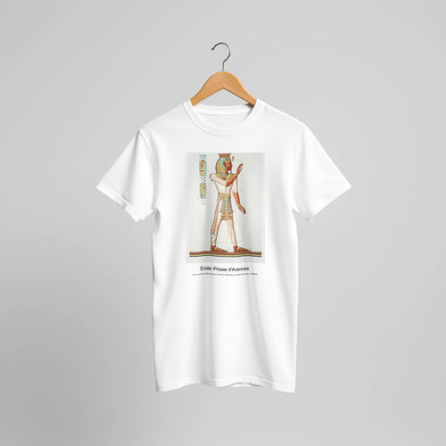 Full portrait of Ramses III from Histoire de l'Art Égyptien (1878) by Émile Prisse d'Avennes. Custom Print on a 100% Airlume Combed and Ring-Spun Cotton Unisex Crewneck T-shirt Original Aspect Ratio