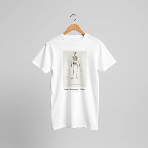 Human skeleton (1892) by Charles Dessalines D' Orbigny. Custom Print on a 100% Airlume Combed and Ring-Spun Cotton Unisex Crewneck T-shirt Original Aspect Ratio