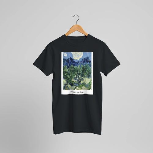 Café Terrace at Night (1888) by Vincent van Gogh. Custom Print on a 100% Airlume Combed and Ring-Spun Cotton Unisex Crewneck T-shirt Optimised Aspect Ratio.