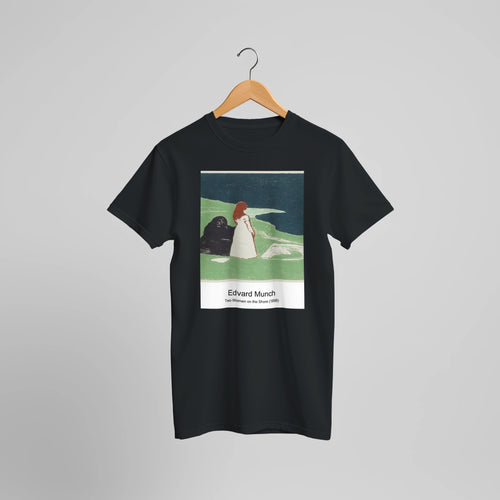Two Women on the Shore (1898) by Edvard Munch. Custom Print on a 100% Airlume Combed and Ring-Spun Cotton Unisex Crewneck T-shirt Optimised Aspect Ratio.