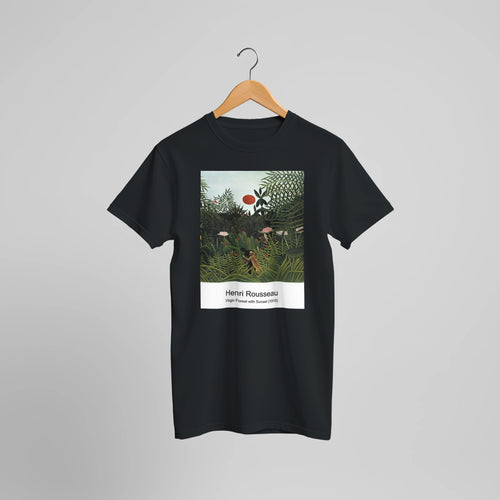 Virgin Forest with Sunset (1910) by Henri Rousseau. Custom Print on a 100% Airlume Combed and Ring-Spun Cotton Unisex Crewneck T-shirt Optimised Aspect Ratio.