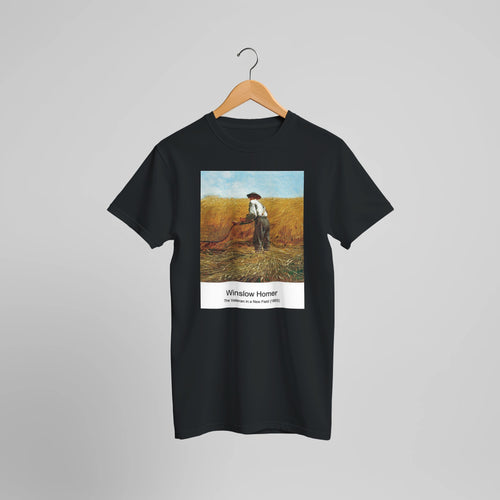 The Veteran in a New Field (1865) by Winslow Homer. Custom Print on a 100% Airlume Combed and Ring-Spun Cotton Unisex Crewneck T-shirt Optimised Aspect Ratio.