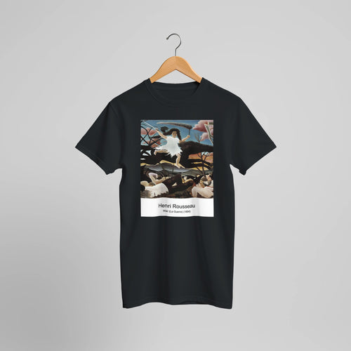 War (La Guerre) (1894) by Henri Rousseau. Custom Print on a 100% Airlume Combed and Ring-Spun Cotton Unisex Crewneck T-shirt Optimised Aspect Ratio.