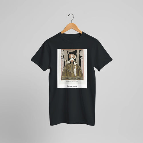 La rose de l'infante: Costume, de Worth from Gazette du Bon Ton. Art- Modes & Frivolités No. 8 (1924) by George Barbier. Custom Print on a 100% Airlume Combed and Ring-Spun Cotton Unisex Crewneck T-shirt Optimised Aspect Ratio.