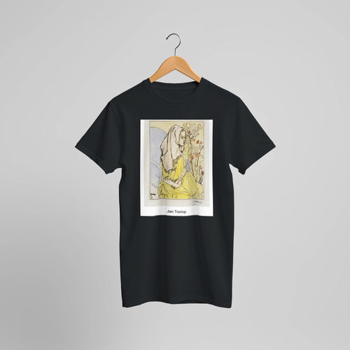 Charley Toorop with a headscarf in an armchair (1898) by Jan Toorop. Custom Print on a 100% Airlume Combed and Ring-Spun Cotton Unisex Crewneck T-shirt Optimised Aspect Ratio.